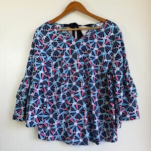 Crown & Ivy Blue Pink Medallion Bell Sleeve Preppy Style Tunic Blouse Size XL